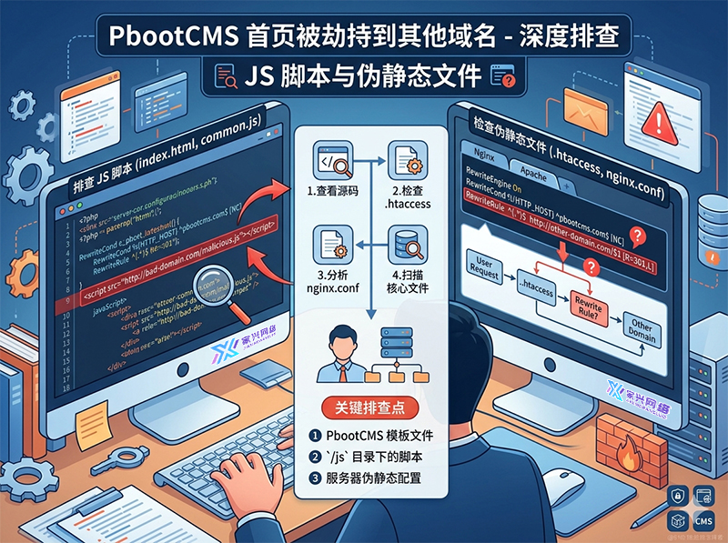 PbootCMS首页被劫持到其他域名？深度排查 JS 脚本与伪静态文件.jpg